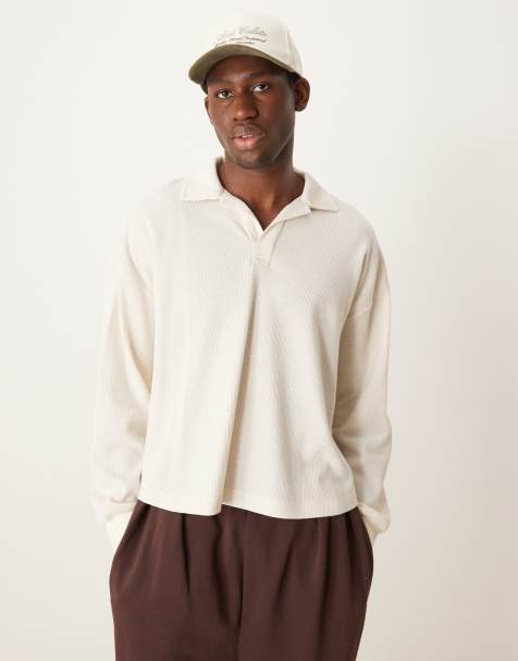 Polo color crema de corte cuadrado extragrande y manga larga de punto gofrado de ASOS DESIGN - view 1