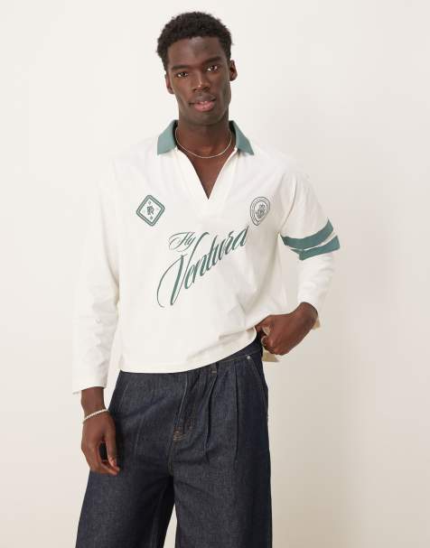 Polo color crema de manga larga y corte cuadrado extragrande con hombros caídos y estampados gráficos deportivos de ASOS DESIGN - view 1
