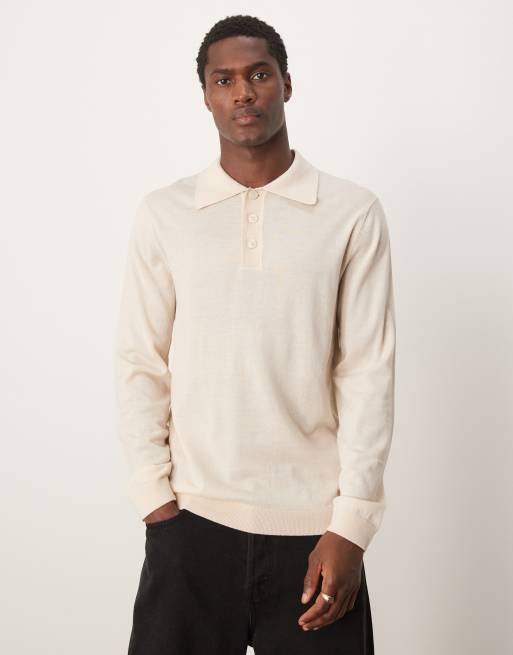 Polo color crema de punto de lana de merino de Selected Homme