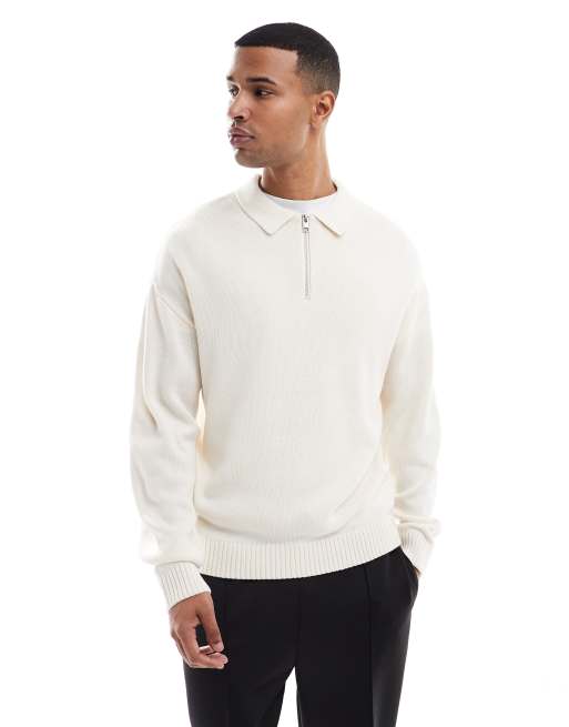 Polo color crema extragrande con cremallera corta de punto de Jack & Jones