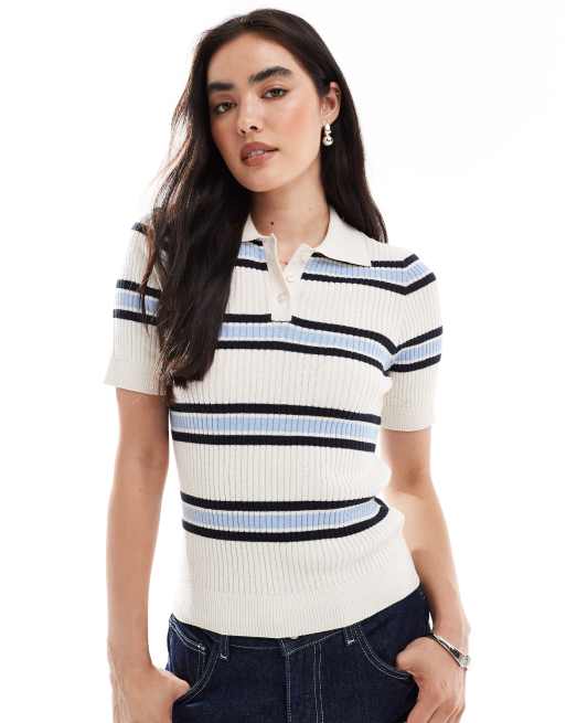 Polo color crema y azul a rayas de manga corta y estilo rugby de canalé de Vero Moda