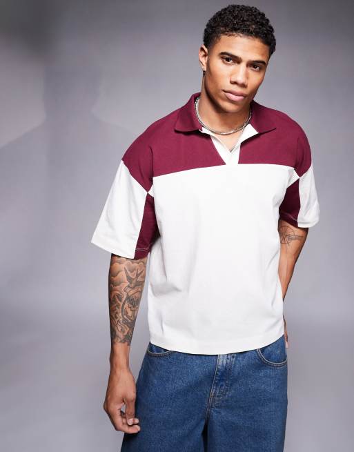 Polo color crema y burdeos de corte cuadrado extragrande con hombros caídos de ASOS DESIGN