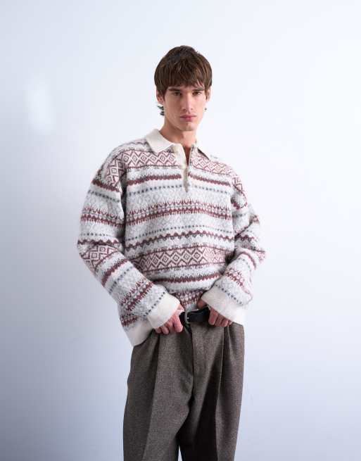 Polo color crudo de corte estándar con patrón a rayas de grecas alpinas de punto de Topman