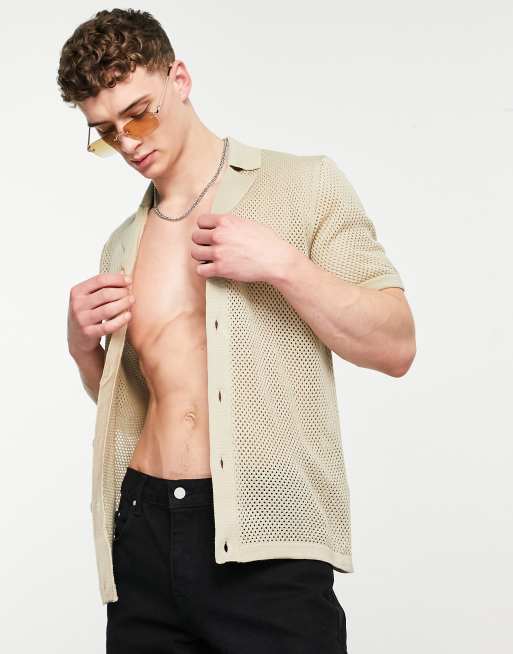 Polo color piedra abotonada de manga corta de canalé de ASOS DESIGN