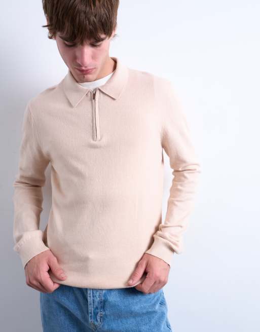 Polo color piedra básico con cremallera de punto de Topman, 3 de 5