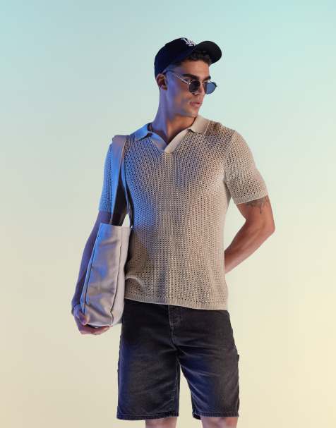 Polo color piedra con muesca en el cuello de punto pointelle ligero de ASOS DESIGN - view 1