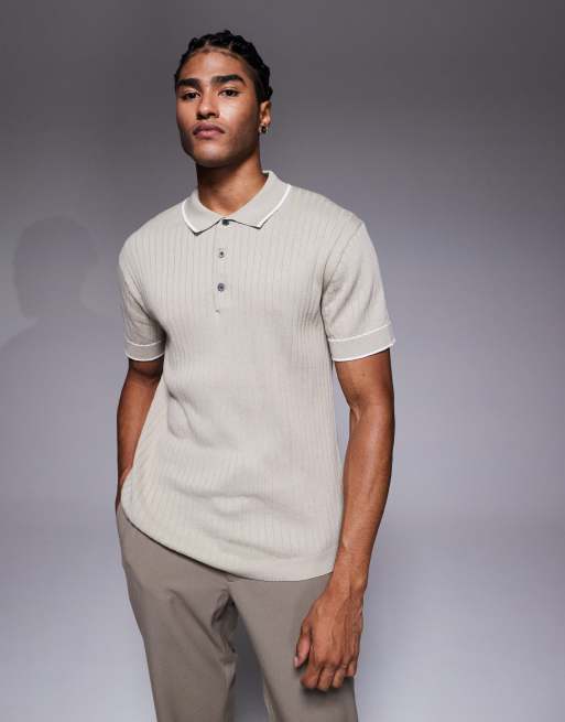 Polo color piedra de corte slim de canalé de River Island