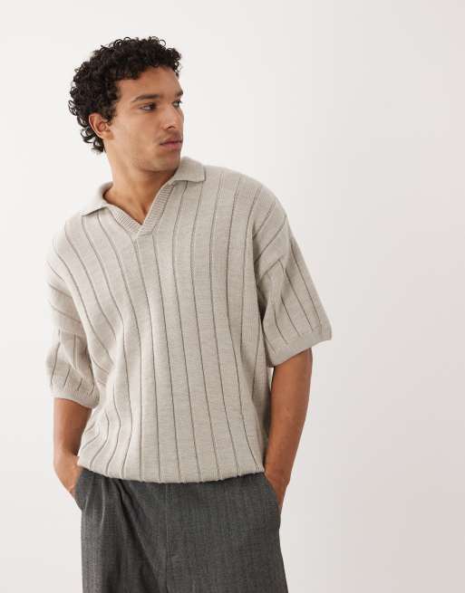 Polo color piedra extragrande de manga corta con cuello de muesca de canalé de ASOS DESIGN