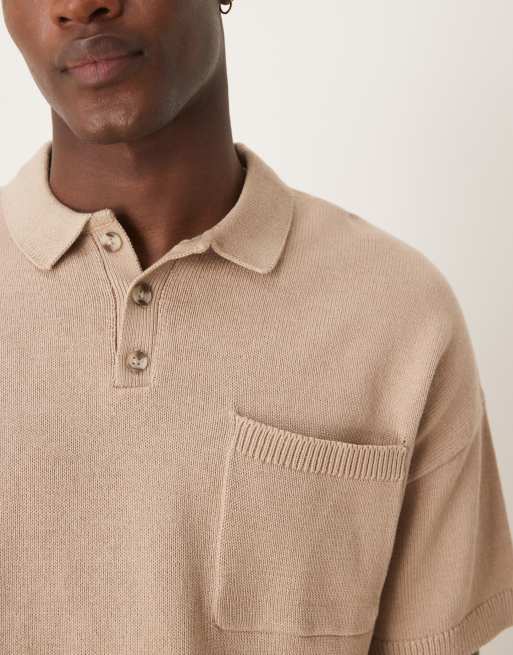 ASOS DESIGN relaxed boxy knit midweight cotton polo with chest pocket in stone