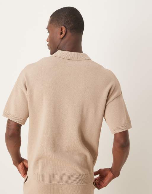 ASOS DESIGN relaxed boxy knit midweight cotton polo with chest pocket in stone