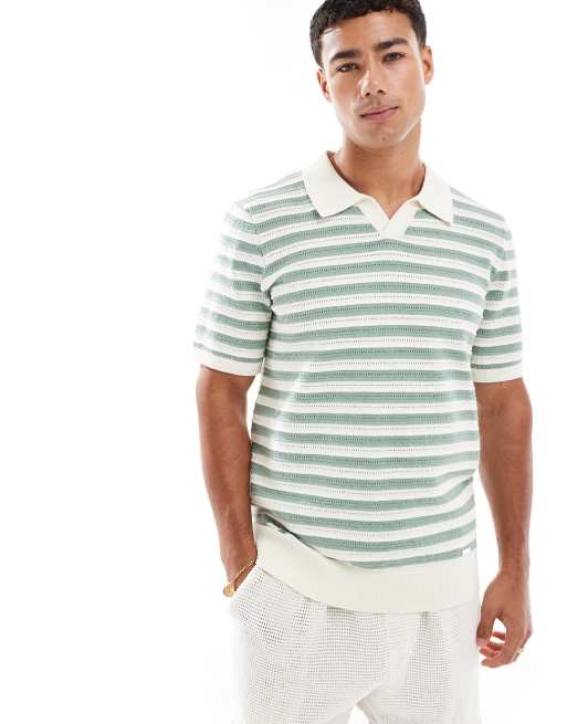 Polo de manga corta a rayas verdes y color crudo de punto rico en algodón de Threadbare