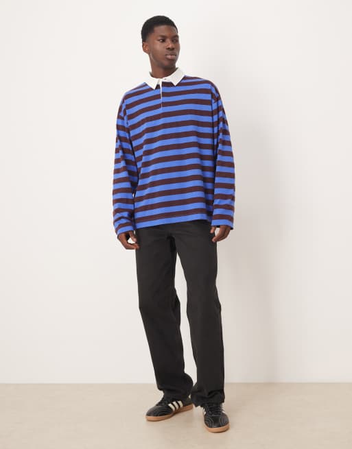 Polo de rugby a rayas azules y marrones extragrande de manga larga de tejido grueso de ASOS DESIGN, 2 de 5