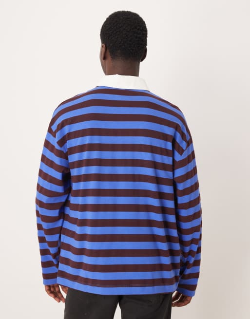 Polo de rugby a rayas azules y marrones extragrande de manga larga de tejido grueso de ASOS DESIGN, 3 de 5