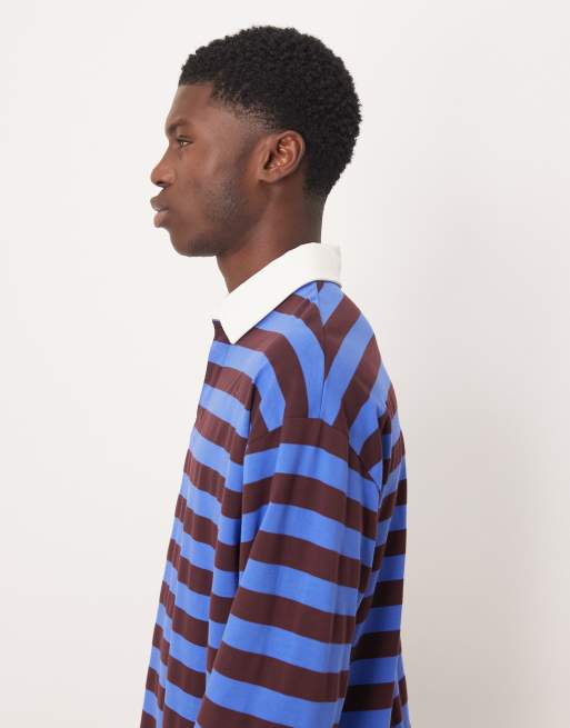 Polo de rugby a rayas azules y marrones extragrande de manga larga de tejido grueso de ASOS DESIGN, 4 de 5