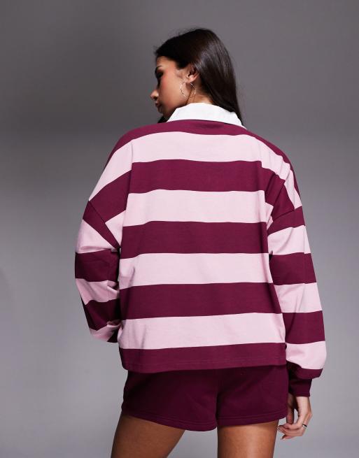 Polo de rugby a rayas rosa pastel y burdeos extragrande con logo bordado de tejido rico en algodón de Kaiia (parte de un conjunto), 3 de 4