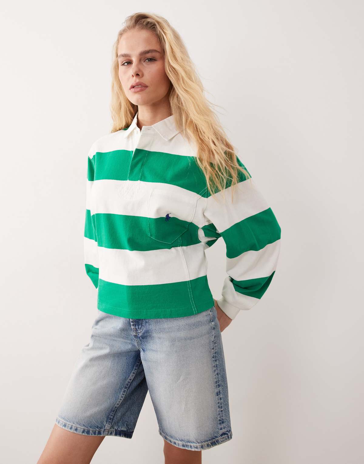 Polo Ralph Lauren Polo de rugby a rayas verdes y blancas color block de estilo vintage con logo de icono