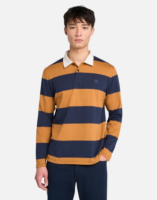 Polo de rugby beis trigo y azul zafiro oscuro de manga larga de Timberland