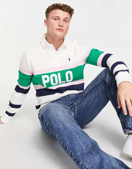 Polo de rugby blanco a rayas de colores con logo e icono en el pecho de Polo Ralph Lauren