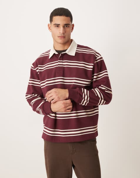 Polo de rugby burdeos a rayas holgado con solapas en contraste de ASOS DESIGN - view 1