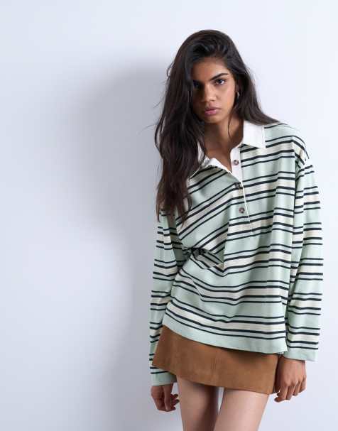 Polo de rugby verde pistacho a rayas de manga larga de punto liso de Topshop - view 1