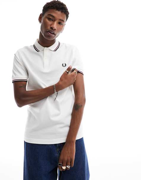 Polo en blanco/rojo/azul marino con ribete doble y logo de Fred Perry - view 1