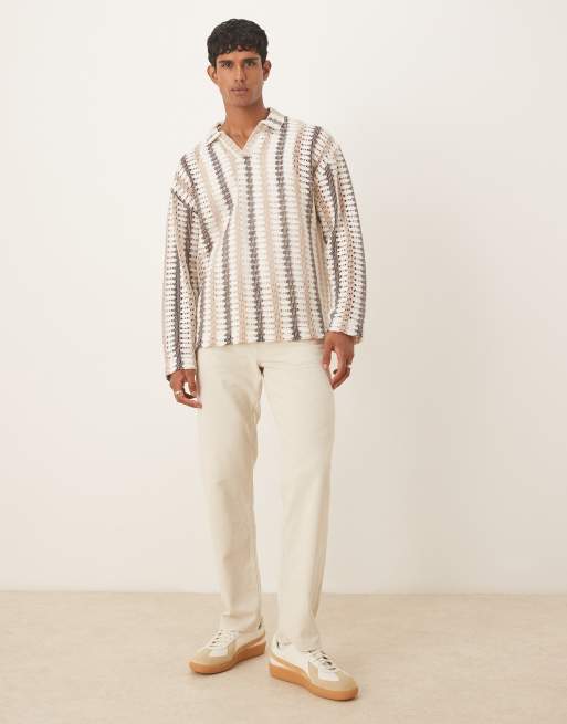 Polo extragrande a rayas en tonos neutros de manga larga de croché de ASOS DESIGN , 2 de 5
