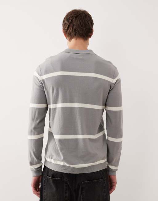 Polo gris a rayas color crudo de manga larga de punto de ASOS DESIGN, 3 de 5