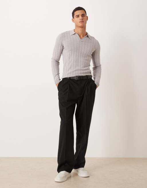 Polo gris claro jaspeado ajustado de manga larga con cuello de muesca de canalé de ASOS DESIGN, 2 de 5