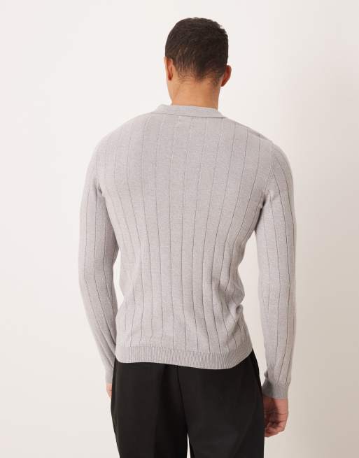 Polo gris claro jaspeado ajustado de manga larga con cuello de muesca de canalé de ASOS DESIGN, 3 de 5