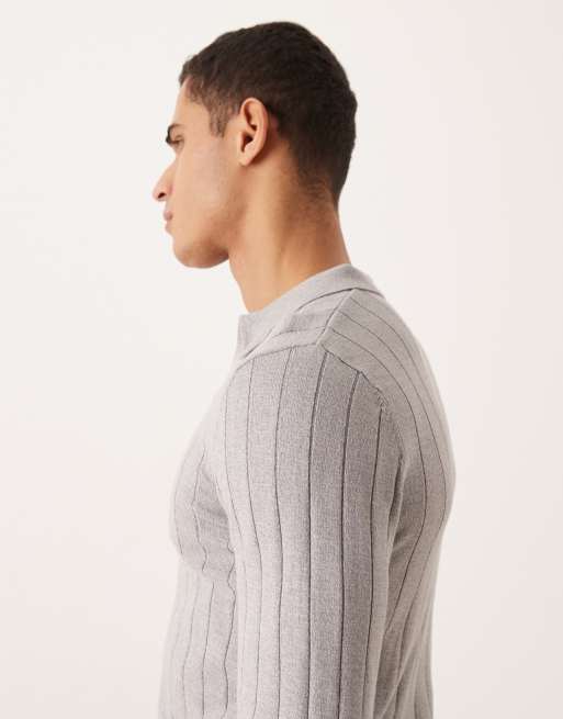 Polo gris claro jaspeado ajustado de manga larga con cuello de muesca de canalé de ASOS DESIGN, 4 de 5