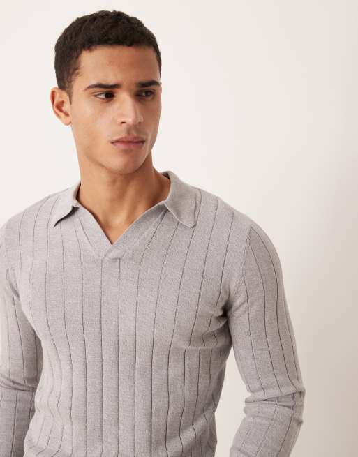 Polo gris claro jaspeado ajustado de manga larga con cuello de muesca de canalé de ASOS DESIGN, 5 de 5