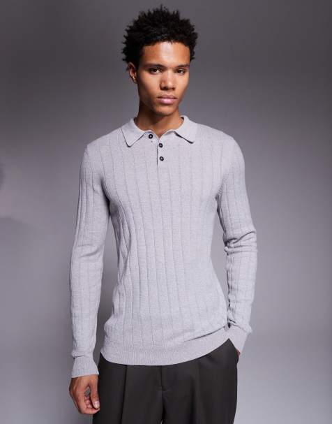 Polo gris claro jaspeado entallado de manga larga con muesca en el cuello de punto de canalé de ASOS DESIGN - view 1