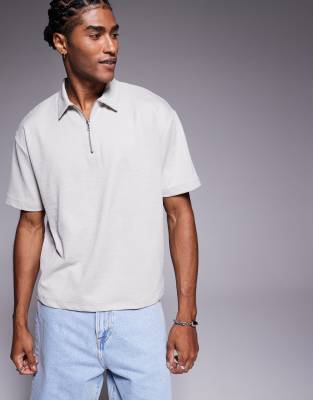 Polo gris de corte cuadrado holgado con cremallera de tejido texturizado de ASOS DESIGN - view 1