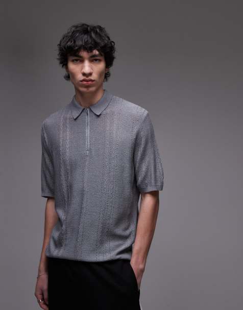 Polo gris de manga corta con cremallera corta de punto texturizado de Topman - view 1