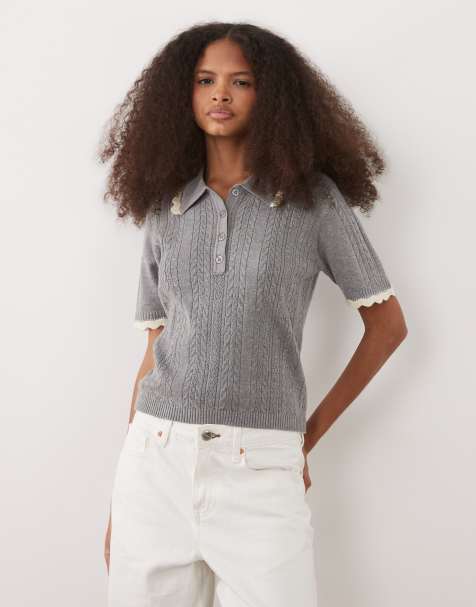 Polo gris de manga corta con ribetes de punto pointelle de Threadbare - view 1