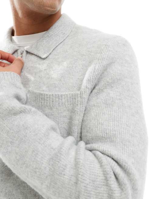 Polo gris jaspeado con cremallera de punto cepillado de New Look, 2 de 4