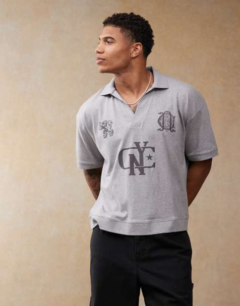 Polo gris jaspeado de corte cuadrado extragrande con estampados gráficos deportivos de ASOS DESIGN - view 1