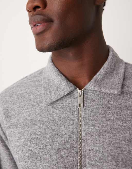 Polo gris jaspeado de manga larga con cremallera de canalé cepillado de ASOS DESIGN, 3 de 4