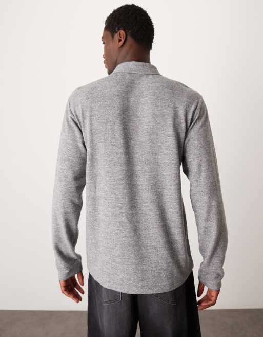 Polo gris jaspeado de manga larga con cremallera de canalé cepillado de ASOS DESIGN, 4 de 4
