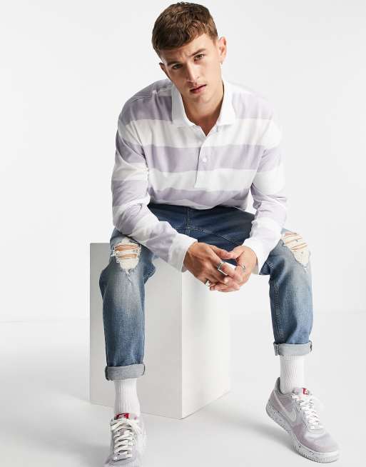 Polo lila extragrande con raya horizontal grande de manga larga de Topman