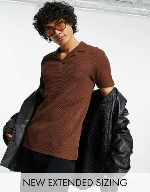 Polo marrón ajustado con cuello italiano de punto de arroz de ASOS DESIGN