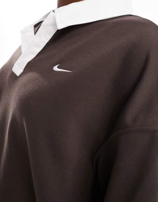 Polo marrón barroco extragrande de manga larga con logo pequeño de Nike, 2 de 4