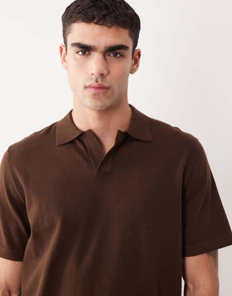 Polo marrón básico holgado con muesca en el cuello de punto fino de ASOS DESIGN - view 1