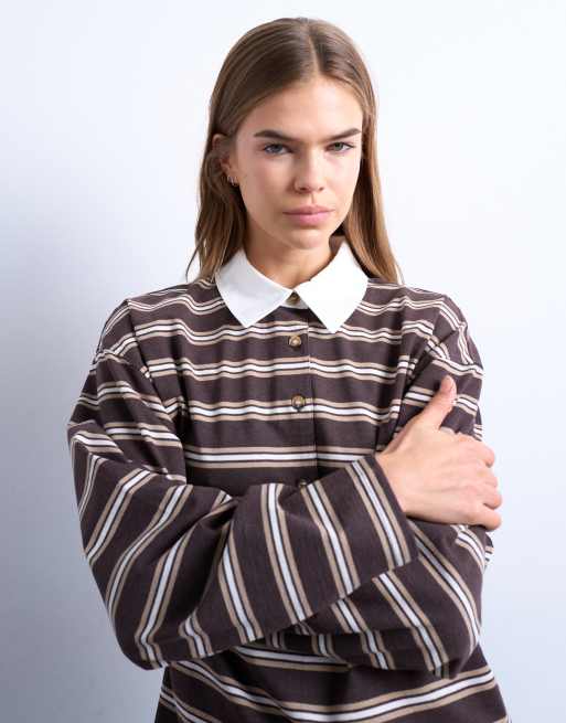 Polo marrón chocolate a rayas de manga larga y estilo rugby de Topshop, 3 de 4