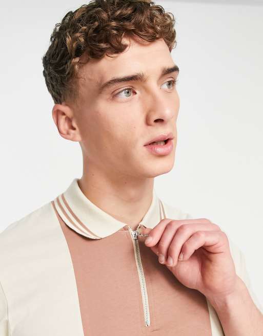 Polo marrón con diseño color block, cremallera y cuello retro de ASOS DESIGN, 3 de 4