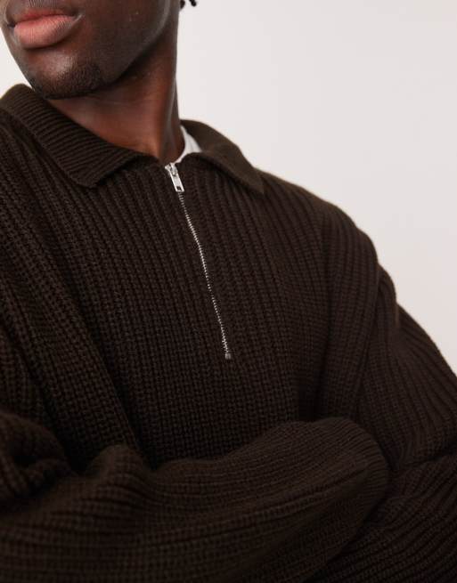 Polo marrón de corte cuadrado extragrande con cremallera corta de punto inglés de ASOS DESIGN, 3 de 4