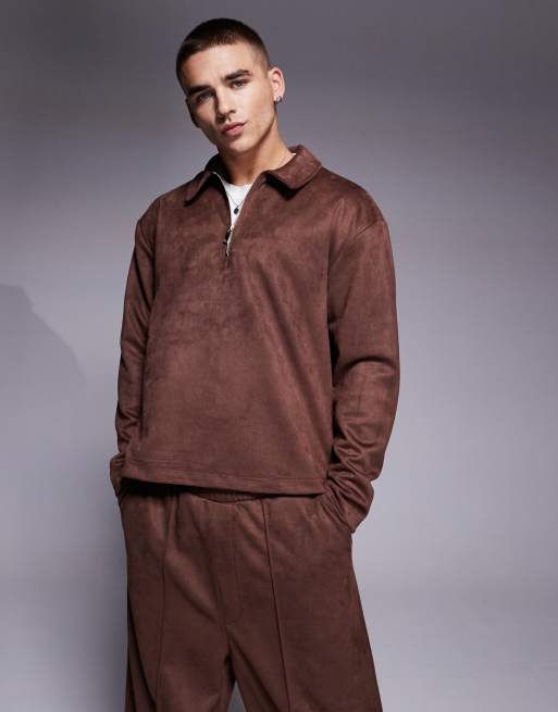 Polo marrón de corte cuadrado extragrande de antelina de ASOS DESIGN (parte de un conjunto)