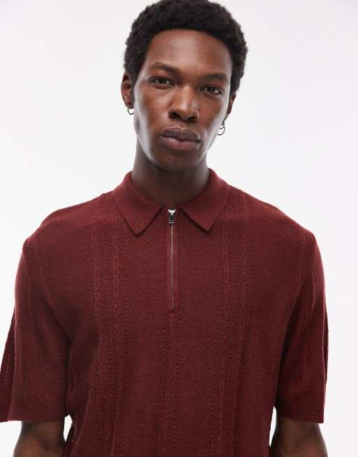 Polo marrón de manga corta con cremallera corta de punto texturizado de Topman, 4 de 4