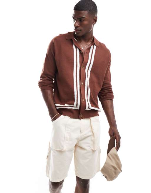 Polo marrón holgado con botones y ribetes de punto texturizado de ASOS DESIGN