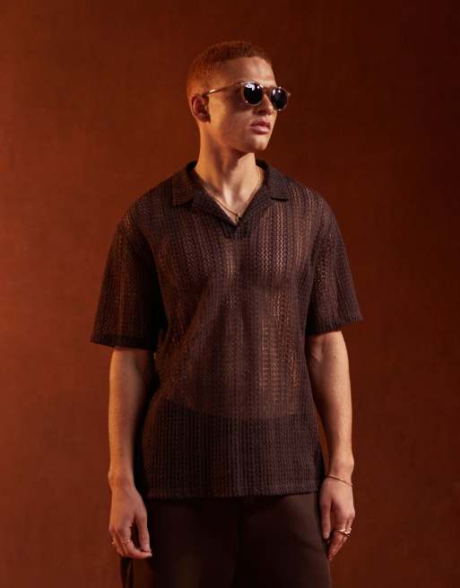 Polo marrón holgado con cuello de solapas de croché de ASOS DESIGN